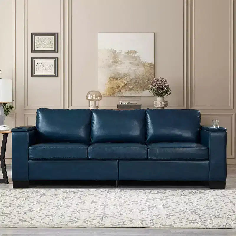 MAYEERTY Divano sezionale a due pezzi 2+3 posti con portabicchieri, braccioli squadrati, rivestimento in ecopelle per soggiorno, blu navy