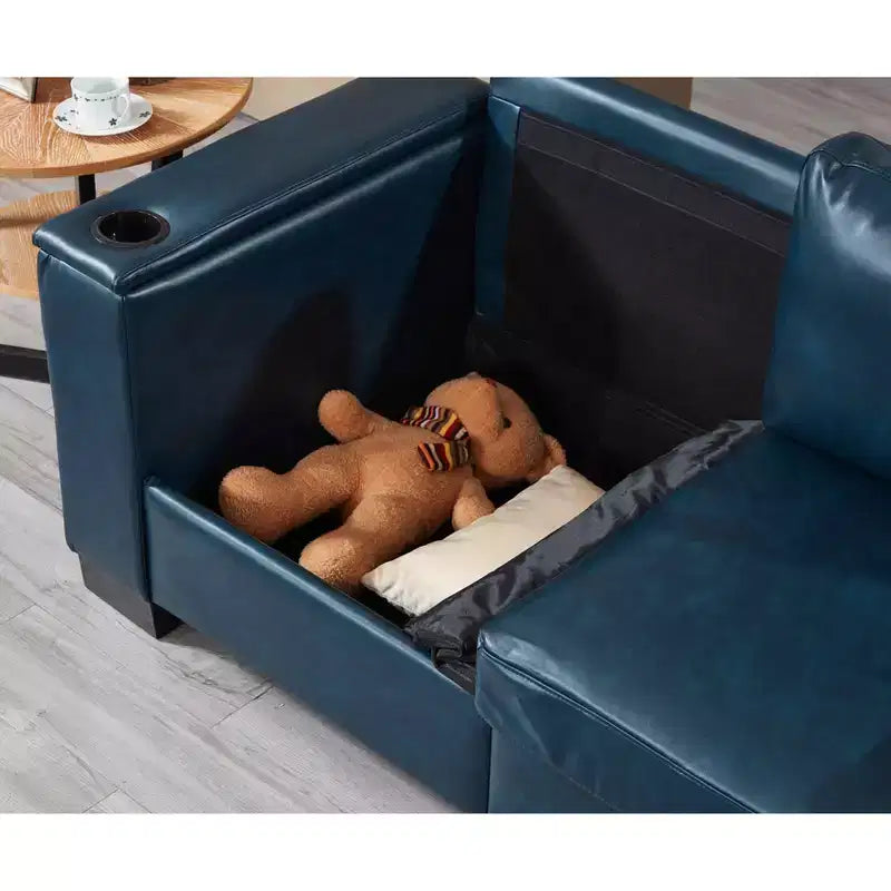 MAYEERTY Divano sezionale a due pezzi 2+3 posti con portabicchieri, braccioli squadrati, rivestimento in ecopelle per soggiorno, blu navy