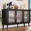 GustoWave 48 in Large Black Sideboard Cabinet with 3 Fluted Glass Doors for Kitchen, Dining and Living Room