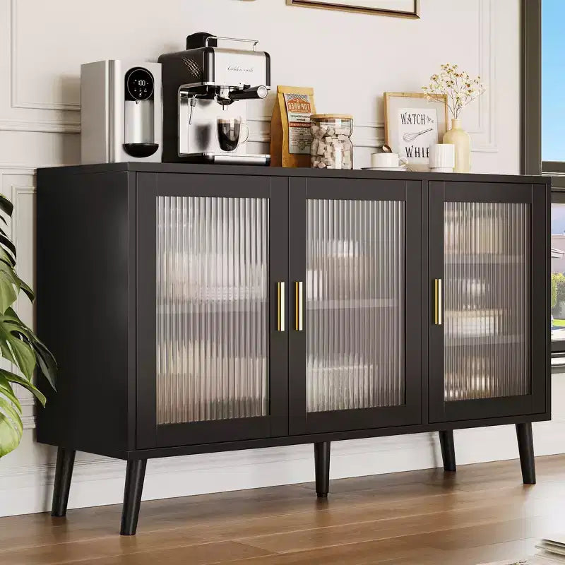 GustoWave 48 in Large Black Sideboard Cabinet with 3 Fluted Glass Doors for Kitchen, Dining and Living Room