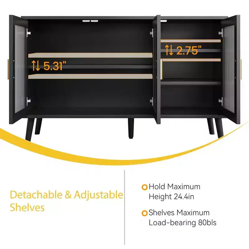 Mobile credenza grande nero GustoWave 48 con 3 ante in vetro scanalato per cucina, sala da pranzo e soggiorno