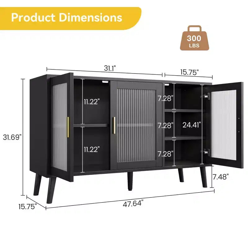 Mobile credenza grande nero GustoWave 48 con 3 ante in vetro scanalato per cucina, sala da pranzo e soggiorno
