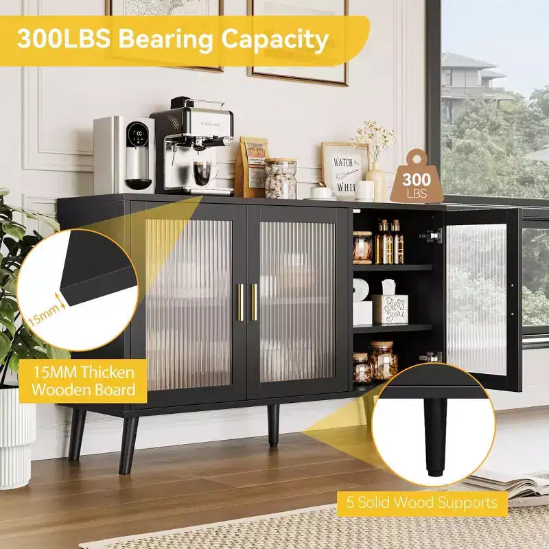 Mobile credenza grande nero GustoWave 48 con 3 ante in vetro scanalato per cucina, sala da pranzo e soggiorno
