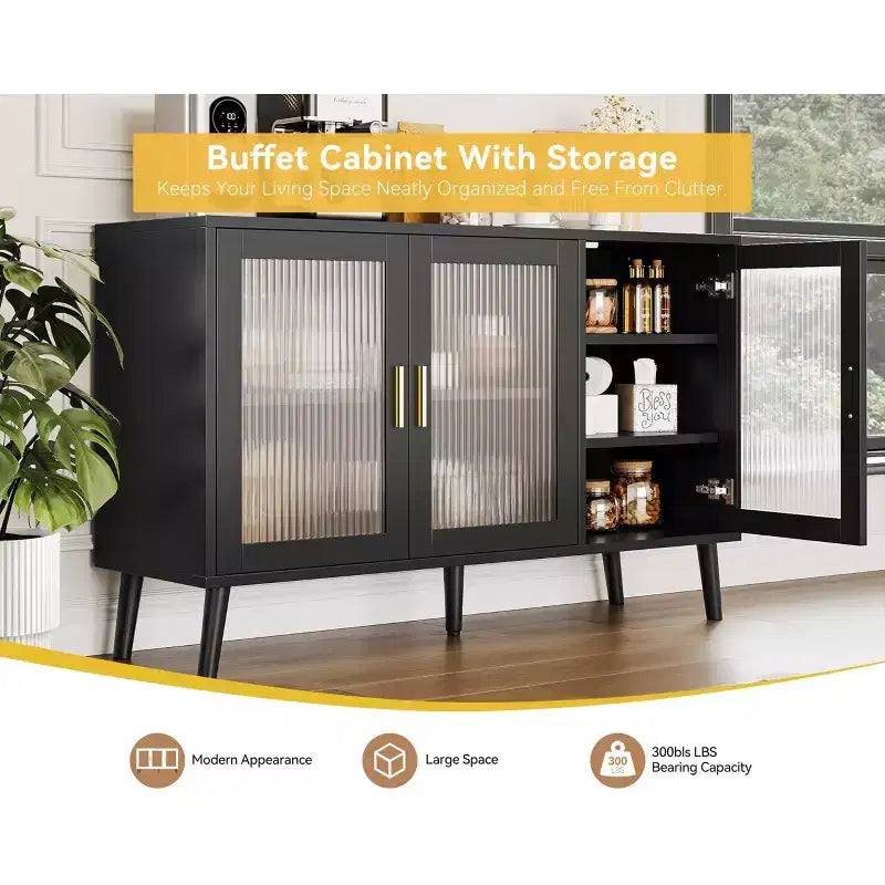 Mobile credenza grande nero GustoWave 48 con 3 ante in vetro scanalato per cucina, sala da pranzo e soggiorno