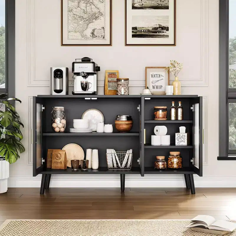 Mobile credenza grande nero GustoWave 48 con 3 ante in vetro scanalato per cucina, sala da pranzo e soggiorno