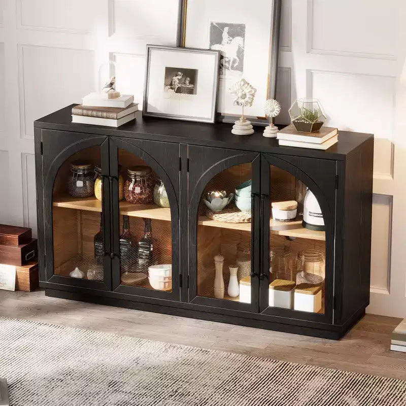 JVNOXK Credenza a quattro ante da 60 pollici ad alta capacità di archiviazione, design ad arco con ripiani regolabili. Ideale per cucine, colore nero.