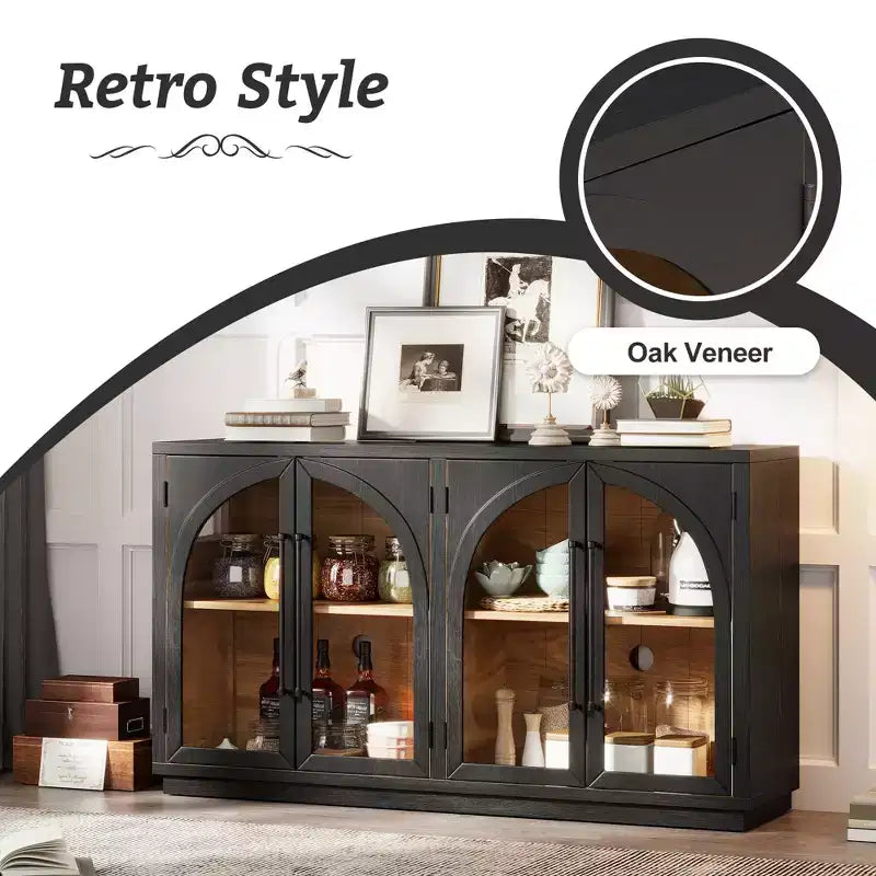 JVNOXK Credenza a quattro ante da 60 pollici ad alta capacità di archiviazione, design ad arco con ripiani regolabili. Ideale per cucine, colore nero.
