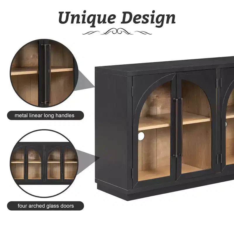 JVNOXK Credenza a quattro ante da 60 pollici ad alta capacità di archiviazione, design ad arco con ripiani regolabili. Ideale per cucine, colore nero.