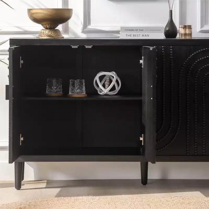 Meuble Buffet d'Appoint, Console d'Entrée Noir Vieilli avec Rangement, Commodes en Bois pour Salon Bar, 4 Portes et Étagères Réglables