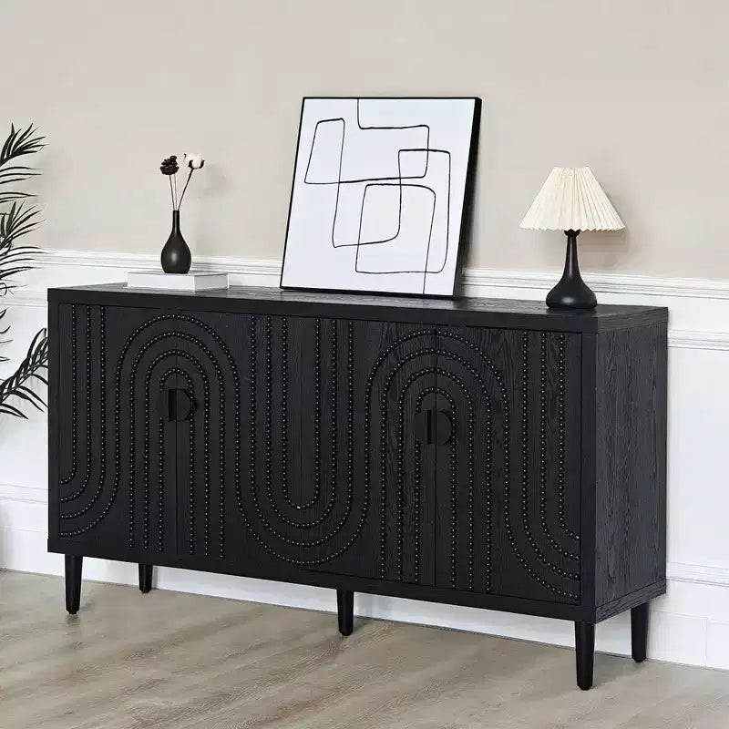 Meuble Buffet d'Appoint, Console d'Entrée Noir Vieilli avec Rangement, Commodes en Bois pour Salon Bar, 4 Portes et Étagères Réglables