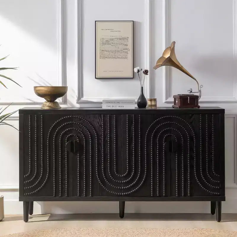 Meuble Buffet d'Appoint, Console d'Entrée Noir Vieilli avec Rangement, Commodes en Bois pour Salon Bar, 4 Portes et Étagères Réglables