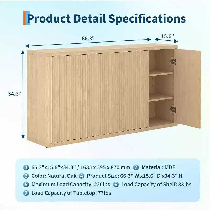 66.3 Credenza con ante a pannelli scanalati, Buffet moderno a 4 ante con contenitore, Mobile di appoggio in rovere naturale per soggiorno, cucina, sala da pranzo o ingresso