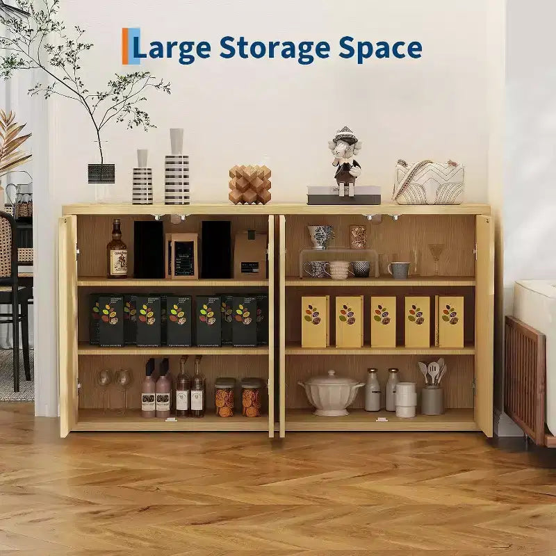 66.3 Credenza con ante a pannelli scanalati, Buffet moderno a 4 ante con contenitore, Mobile di appoggio in rovere naturale per soggiorno, cucina, sala da pranzo o ingresso