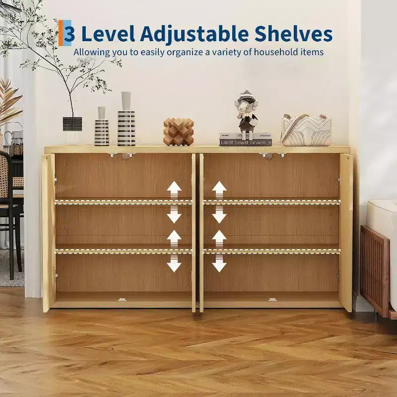 66.3 Credenza con ante a pannelli scanalati, Buffet moderno a 4 ante con contenitore, Mobile di appoggio in rovere naturale per soggiorno, cucina, sala da pranzo o ingresso