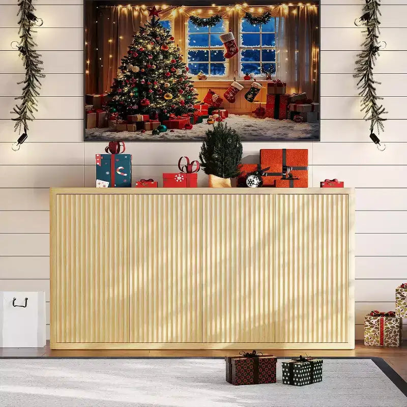 66.3 Credenza con ante a pannelli scanalati, Buffet moderno a 4 ante con contenitore, Mobile di appoggio in rovere naturale per soggiorno, cucina, sala da pranzo o ingresso