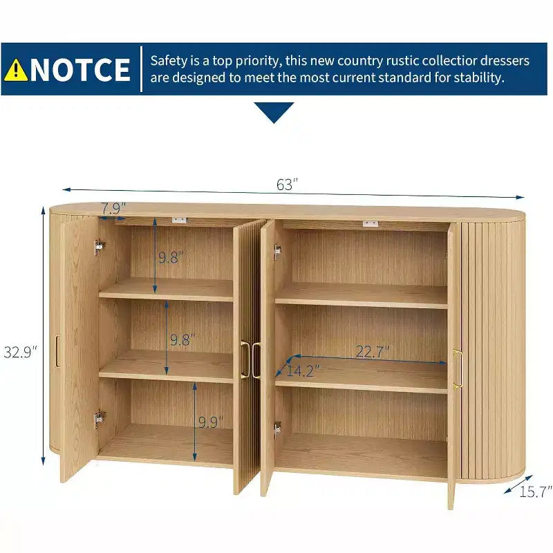 63 Oak Fluted Sideboard Buffet Cabinet, Moderna Credenza Curva con Ripiani Regolabili, Mobile Contenitore Multiuso in Legno per Sala da Pranzo/Soggiorno