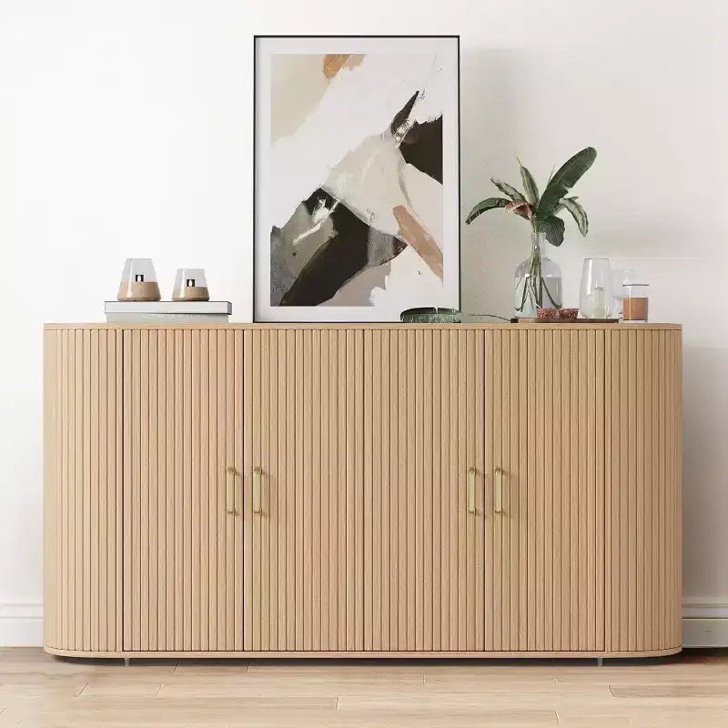 63 Oak Fluted Sideboard Buffet Cabinet, Moderna Credenza Curva con Ripiani Regolabili, Mobile Contenitore Multiuso in Legno per Sala da Pranzo/Soggiorno