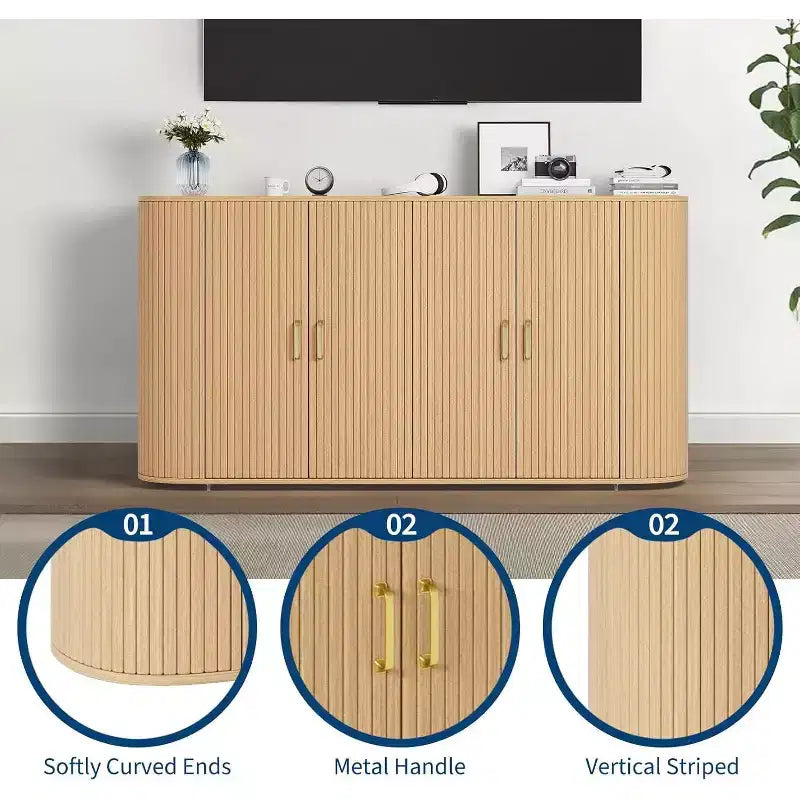 63 Oak Fluted Sideboard Buffet Cabinet, Moderna Credenza Curva con Ripiani Regolabili, Mobile Contenitore Multiuso in Legno per Sala da Pranzo/Soggiorno