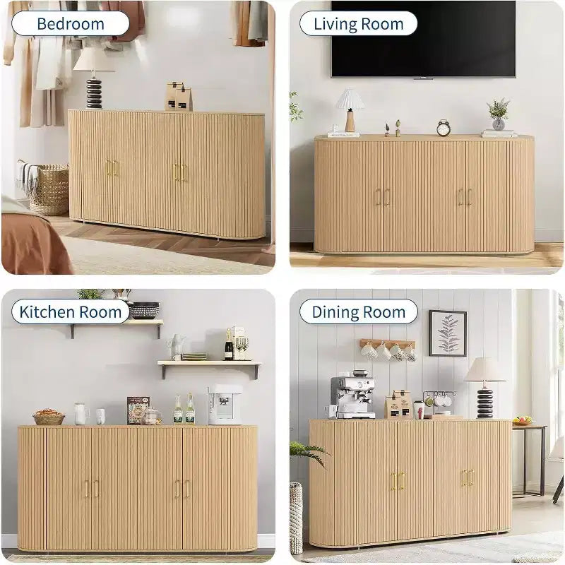 63 Oak Fluted Sideboard Buffet Cabinet, Moderna Credenza Curva con Ripiani Regolabili, Mobile Contenitore Multiuso in Legno per Sala da Pranzo/Soggiorno