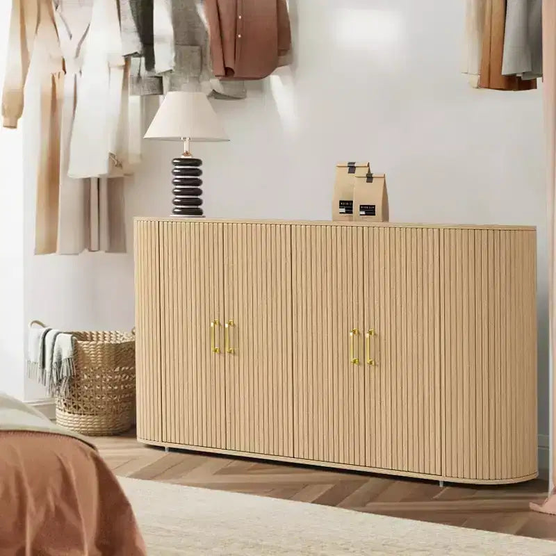 63 Oak Fluted Sideboard Buffet Cabinet, Moderna Credenza Curva con Ripiani Regolabili, Mobile Contenitore Multiuso in Legno per Sala da Pranzo/Soggiorno
