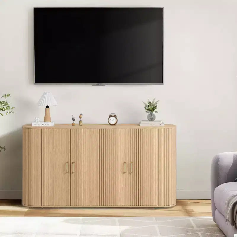 63 Oak Fluted Sideboard Buffet Cabinet, Moderna Credenza Curva con Ripiani Regolabili, Mobile Contenitore Multiuso in Legno per Sala da Pranzo/Soggiorno