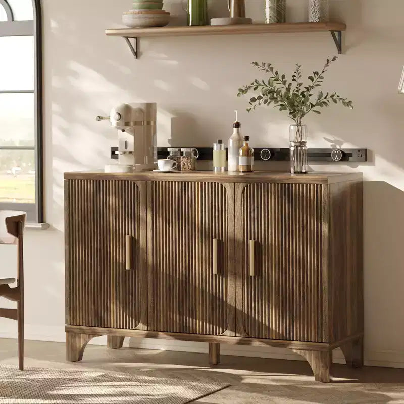 Fluted Sideboard Cabinet with Adjustable Shelves and Wood Doors
