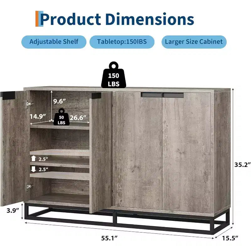 Mobile Credenza a Buffet da 55 Pollici, Mobile Contenitore con 4 Ante e Ripiani Regolabili, Mobile Contenitore da Cucina, Sala da Pranzo, Ingresso, Soggiorno