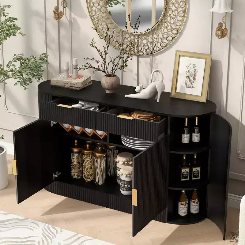 55.1Armoire de rangement, Buffet moderne, Deux portes et tiroirs, Poignées en aluminium, 3 étagères, pour salon/chambre/salle à manger