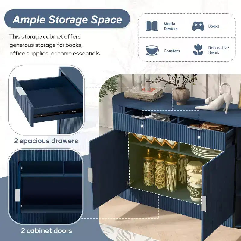 55.1Armoire de rangement, Buffet moderne, Deux portes et tiroirs, Poignées en aluminium, 3 étagères, pour salon/chambre/salle à manger