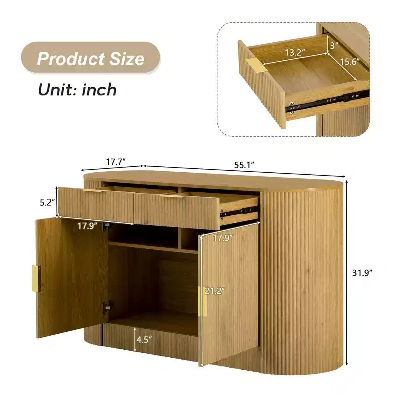55.1Armoire de rangement, Buffet moderne, Deux portes et tiroirs, Poignées en aluminium, 3 étagères, pour salon/chambre/salle à manger