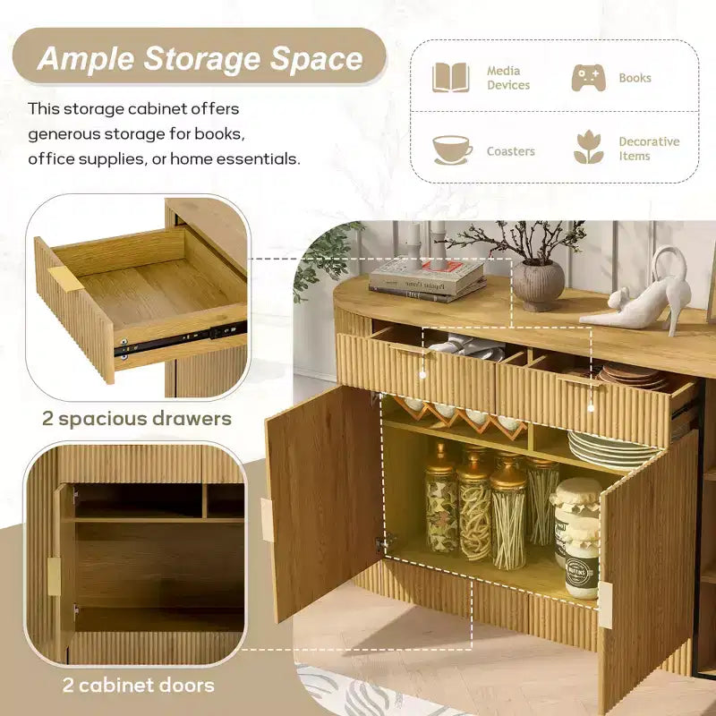 55.1Armoire de rangement, Buffet moderne, Deux portes et tiroirs, Poignées en aluminium, 3 étagères, pour salon/chambre/salle à manger