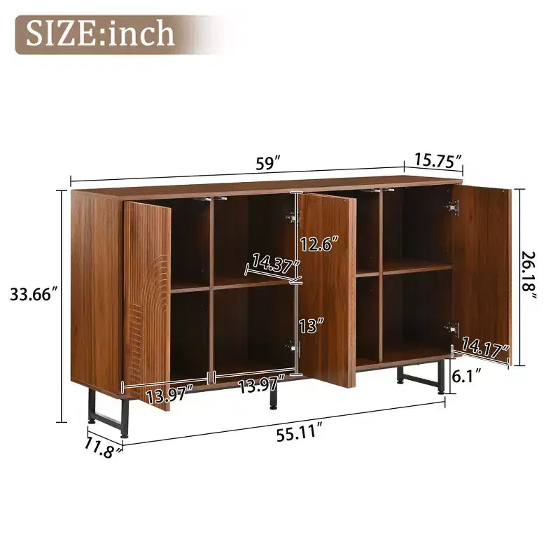 JVNOXK Credenza multifunzionale Mid-Century Modern da 59 pollici con intaglio geometrico, armadio contenitore con gambe in metallo, ideale per sale da pranzo, legno
