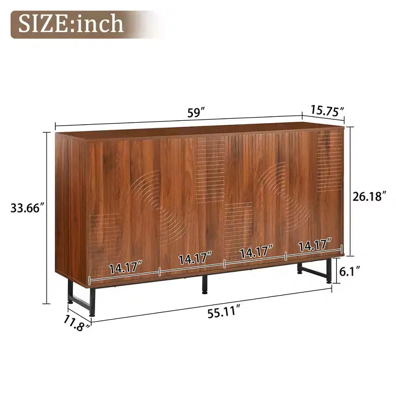 JVNOXK Credenza multifunzionale Mid-Century Modern da 59 pollici con intaglio geometrico, armadio contenitore con gambe in metallo, ideale per sale da pranzo, legno
