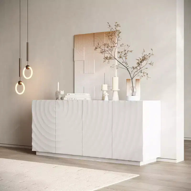 JVNOXK Credenza rettangolare da 59 pollici con vano portaoggetti, mobile moderno a 4 ante autoportante con dispositivo antiribaltamento indipendente, adatto per cucine, bianco