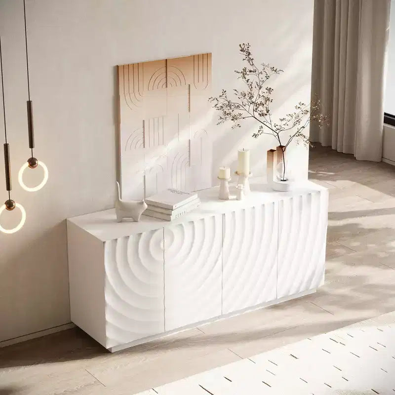 JVNOXK Credenza rettangolare da 59 pollici con vano portaoggetti, mobile moderno a 4 ante autoportante con dispositivo antiribaltamento indipendente, adatto per cucine, bianco