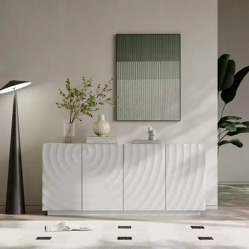 JVNOXK Credenza rettangolare da 59 pollici con vano portaoggetti, mobile moderno a 4 ante autoportante con dispositivo antiribaltamento indipendente, adatto per cucine, bianco