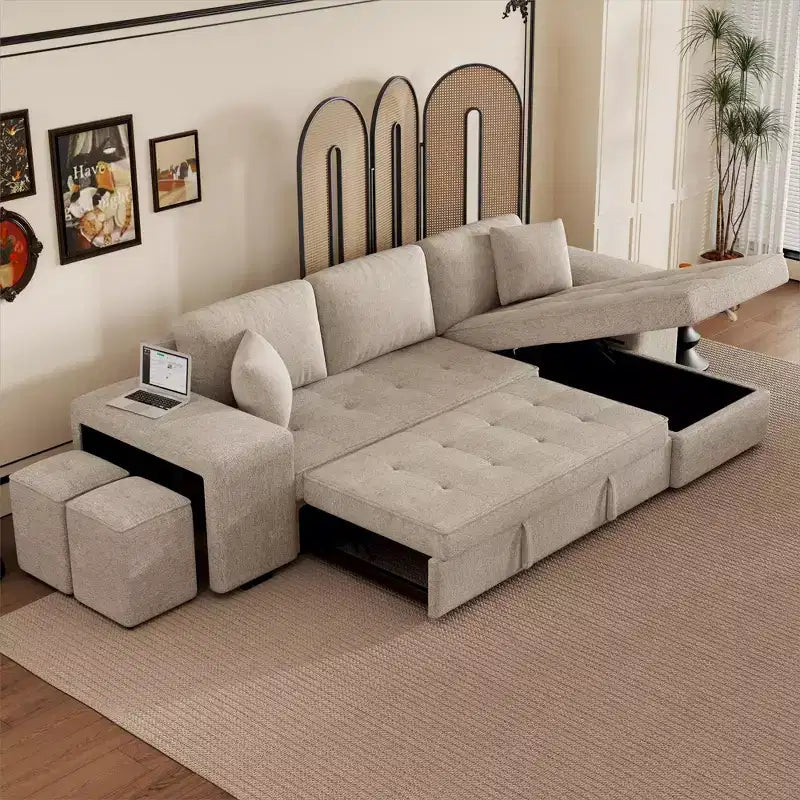 Divano letto estraibile componibile a L moderno 104.5 con 3 posti, chaise longue contenitore e 2 sgabelli per soggiorno