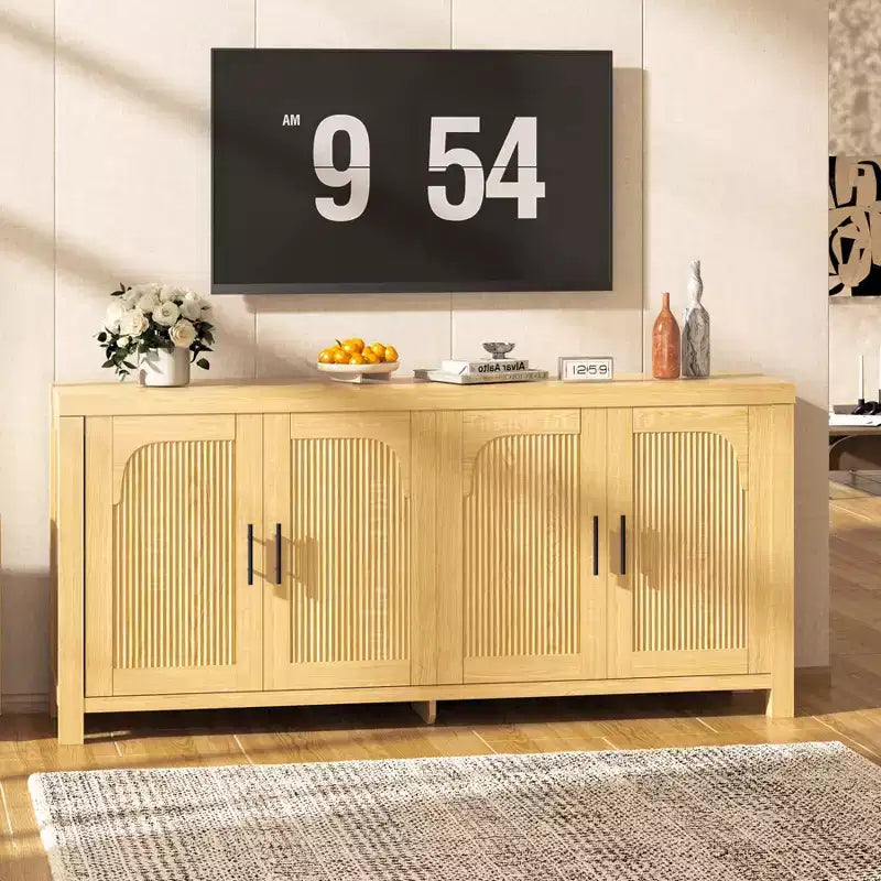 Buffet de salle à manger 71 po, Console de bar de style campagnard avec 4 portes, Meuble télé en bois, Desserte d'appoint pour salon et cuisine