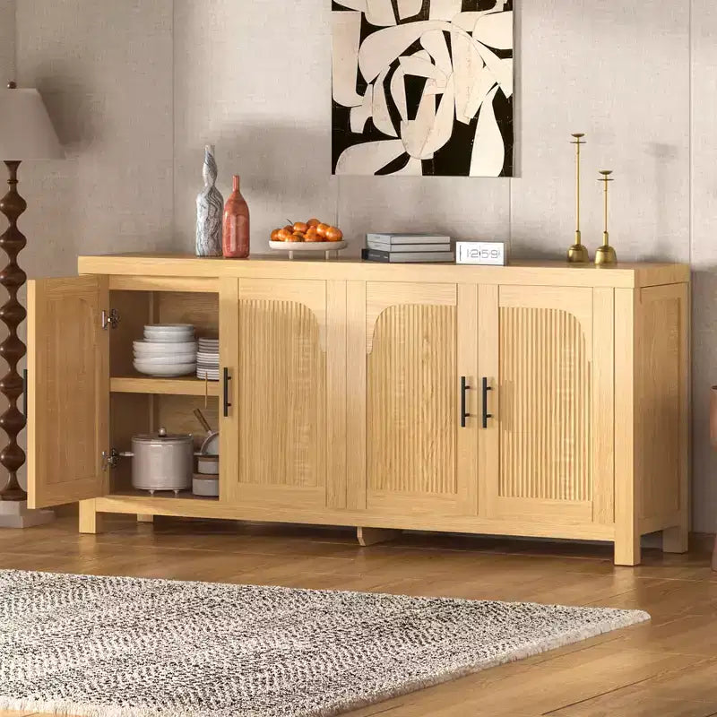 Buffet de salle à manger 71 po, Console de bar de style campagnard avec 4 portes, Meuble télé en bois, Desserte d'appoint pour salon et cuisine