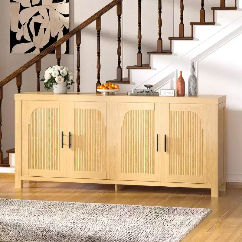 Buffet de salle à manger 71 po, Console de bar de style campagnard avec 4 portes, Meuble télé en bois, Desserte d'appoint pour salon et cuisine