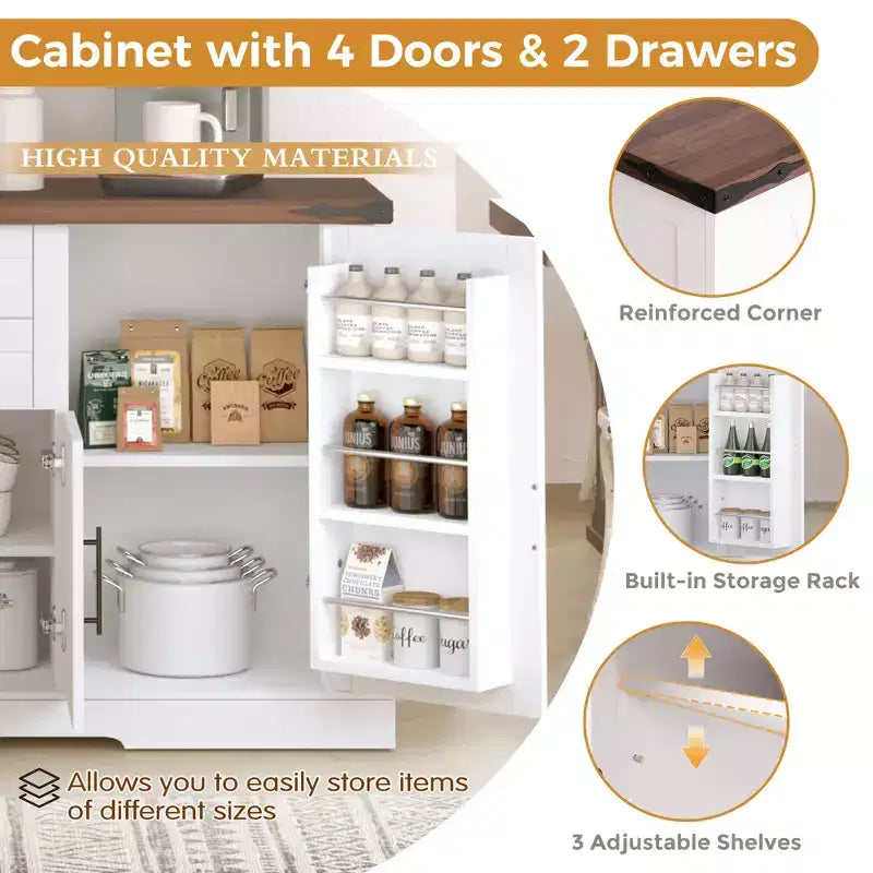 Mobile buffet da 63 pollici con 4 ante scorrevoli a fienile e 2 cassetti, credenza stile rustico con ripiani regolabili, console da caffè