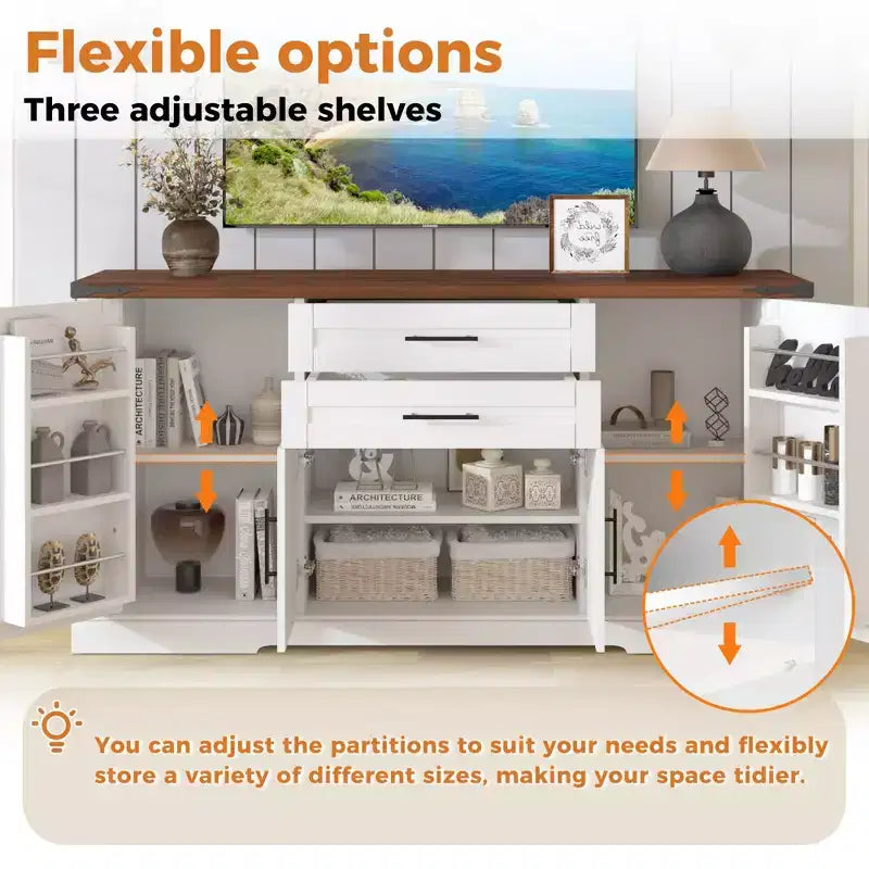 Mobile buffet da 63 pollici con 4 ante scorrevoli a fienile e 2 cassetti, credenza stile rustico con ripiani regolabili, console da caffè