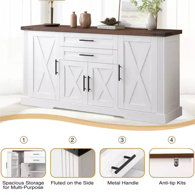 Mobile buffet da 63 pollici con 4 ante scorrevoli a fienile e 2 cassetti, credenza stile rustico con ripiani regolabili, console da caffè