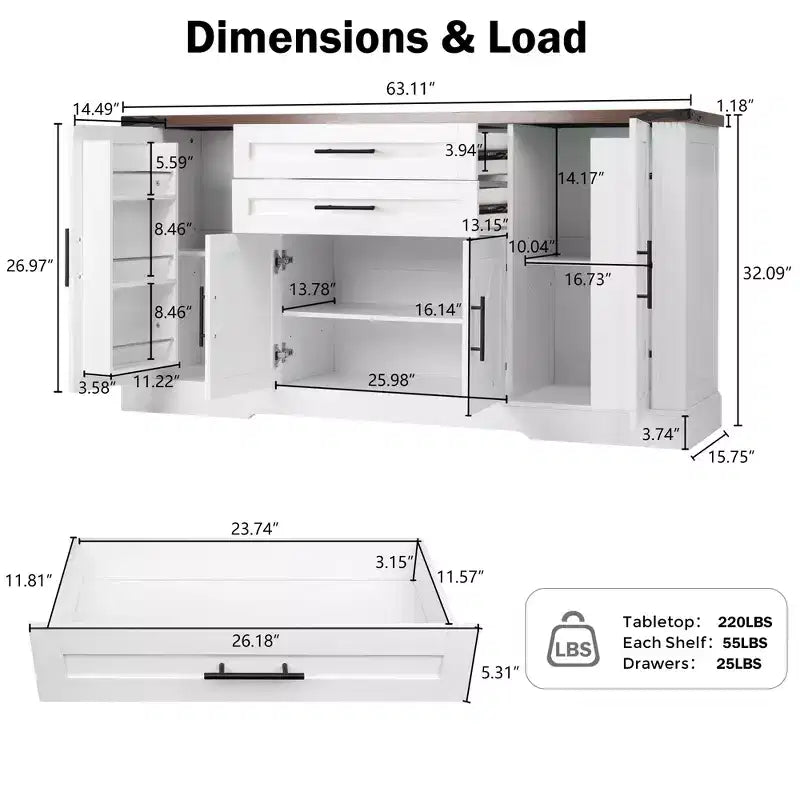 Mobile buffet da 63 pollici con 4 ante scorrevoli a fienile e 2 cassetti, credenza stile rustico con ripiani regolabili, console da caffè