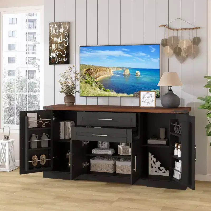 Mobile buffet da 63 pollici con 4 ante scorrevoli a fienile e 2 cassetti, credenza stile rustico con ripiani regolabili, console da caffè