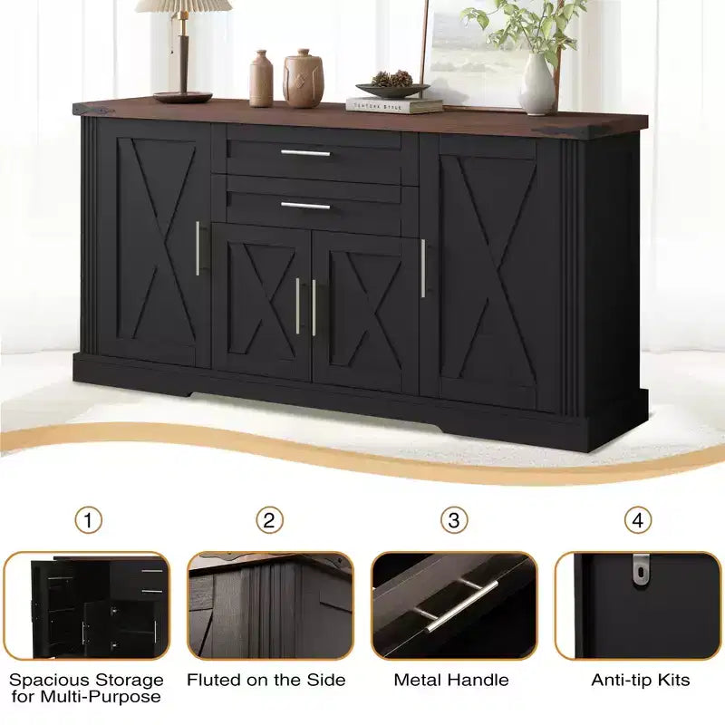 Mobile buffet da 63 pollici con 4 ante scorrevoli a fienile e 2 cassetti, credenza stile rustico con ripiani regolabili, console da caffè