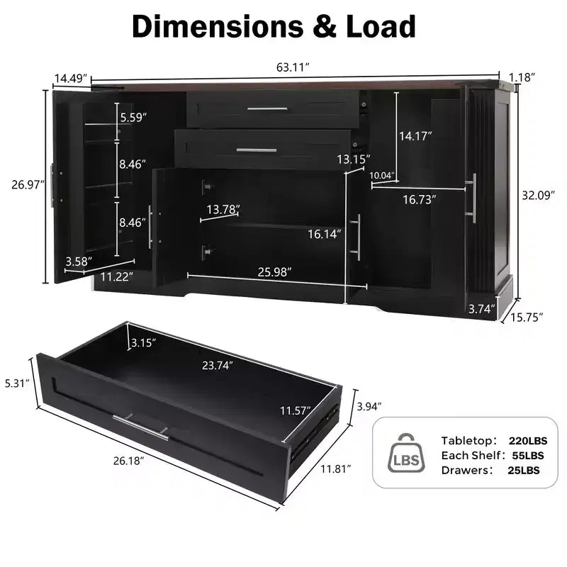 Mobile buffet da 63 pollici con 4 ante scorrevoli a fienile e 2 cassetti, credenza stile rustico con ripiani regolabili, console da caffè
