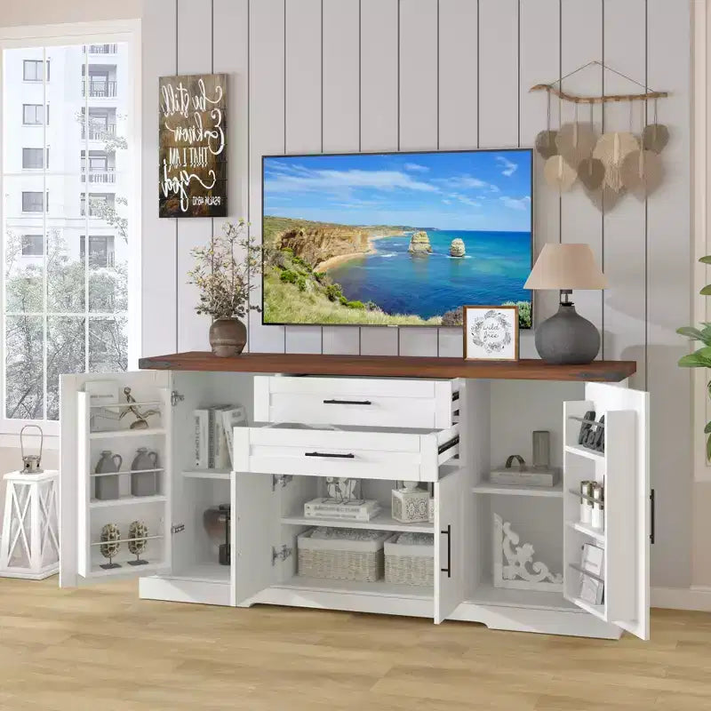 Mobile buffet da 63 pollici con 4 ante scorrevoli a fienile e 2 cassetti, credenza stile rustico con ripiani regolabili, console da caffè