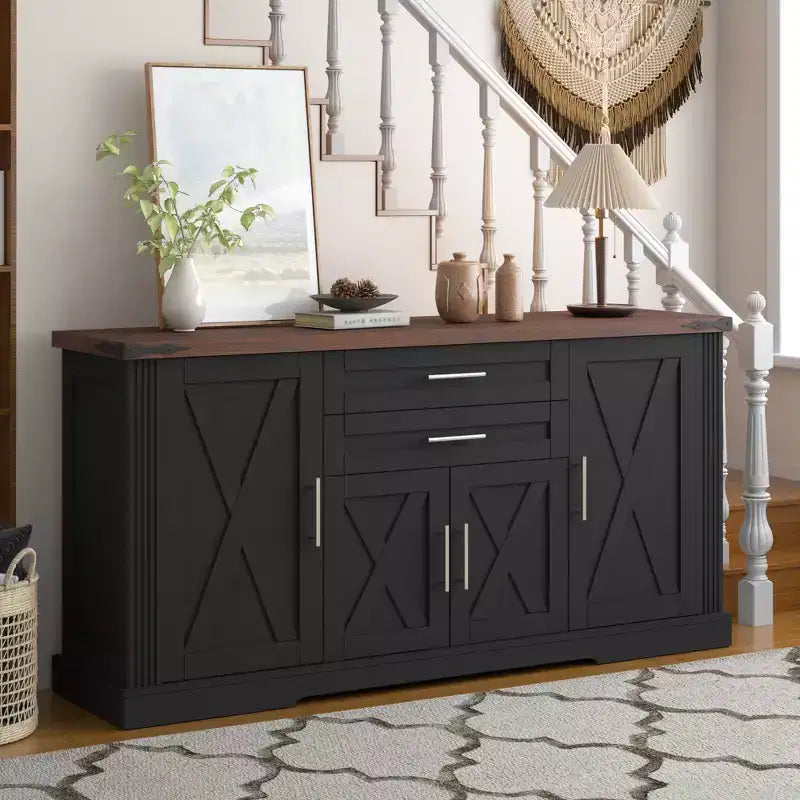 63 Buffet Cabinet with 4 Barn Doors & 2 Drawers, Farmhouse Sideboard Storage Cabinet with Adjustable Shelves, Coffee Bar Table Console Cabinet