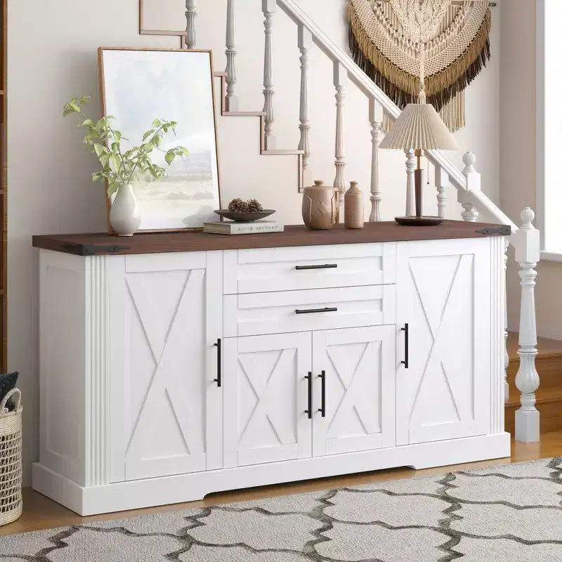 Buffet de 63 po avec 4 portes de grange et 2 tiroirs, buffet de rangement de style ferme avec étagères réglables, table de bar à café, console